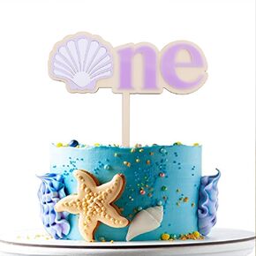Wooden Seashell Cake Topper - Seashell First Birthday Party Decoration,Mermaid 1st Birthday Cake Topper,Under The Sea 1st Birthday Decor (Purple)