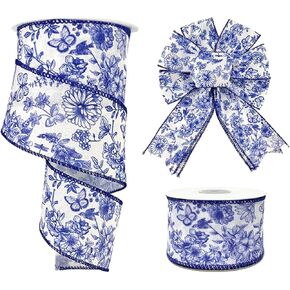 Blue Floral Wired Ribbon 12 Yards Chinoiserie Fabric Ribbons for Bow Wreath Craft Gift Wrap Spring Holiday Wedding Birthday Party Home Decor 2.5 Inch