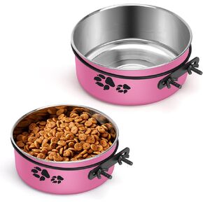 2 Pack Crate Bowls Mountable Stainless Steel Kennel Bowls for Medium or Small Dogs Hanging Kennel Water Feeder with Clamp Holder 2 Sizes（6.3x2.56’’,5.5x2.36’） Hot Pink