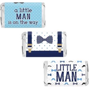 DISTINCTIVS Little Man Baby Shower Wrappers for Mini Chocolate Bars, Blue Boy Baby Shower Party Favor Candy Stickers - 45 Count
