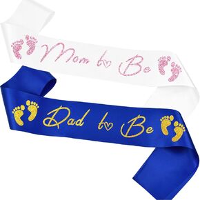 2 Pcs Mom to be and Dad to be Sash Baby Shower Decorations Supplies for Mother Father Gifts Gender Reveal Party Boy or Girls, White Silver