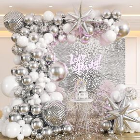 135pcs Disco Balloon Arch Garland Kit - فضية بيضاء مع كرة ديسكو وبالونات رقائق لعيد الميلاد ، التخرج ، حفلة موسيقية ، 2024 زينة الحفلات
