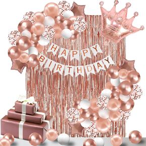 Rose Gold Birthday Party Decorations - Happy Birthday Banner, Crown Foil Balloon, Fringe Curtain Background