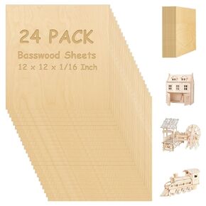24 Pcs Basswood Sheets, 12 x 12 x 1/16 Inch-1.5mm Thick Plywood Sheets with Smooth Surfaces, Craft Wood Board, Balsa Wood for Laser Cutting, DIY Architectural Models, Wood Burning and Staining
