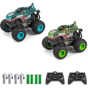 2 Pack RC Monster Truck ، 2.4 جيجا هرتز عالية السرعة سيارة التحكم عن بعد ، جميع التضاريس شاحنة RC مع الخفيفة والموسيقى و 360 درجة حيلة ، RC ديناصور مع بطاريتين قابلة لإعادة الشحن ، هدايا الألعاب للبنين والبنات