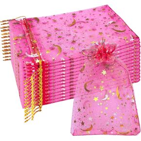 Diyomr 120pcs Dream Night Sky Star Moon Gold Organza Beavy Bags Jewelry Cosmetic حقائب 4.3x6.3 بوصة شبكية شبكية تفضيل حقائب الهدايا لحفلات الزفاف (الأرجواني)