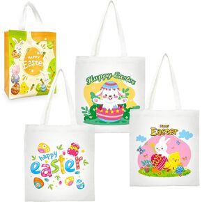 PARSUP 3PCS Easter Bunny Basket Bags for Canvas Tote Bags With 1PC Cute Easter Non-woven Bag for Egg Hunt Carrying Gift Container with Handle, Bunny Chick Egg Cute Pattern Canvas Bucket Tote