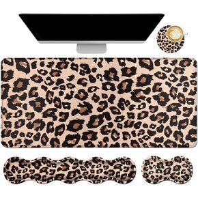 4Pcs Memory Foam Keyboard Mouse Wrist Rest Pad + Gaming Desk Mat 31.5" * 11.8" with Stitched Edges + Mouse Wrist Cushion + Coasters Set, Non-Slip Desk Pad Protector for Laptop Computer, Leopard Print