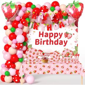زخارف عيد ميلاد الفراولة - موضوعات عيد ميلاد التوت موضوعات لحفلات عيد ميلاد من طقم البالون الفراولة بأحجام مختلفة 5 12 في بالونات حمراء ووردية مع بالونات الفراولة ، خلفية ، مجموعات التوت طاولة التوت