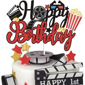 Movie Night Happy Birthday Cake Topper Glitter Movie Film Theater Cake Decoration Roll Hollywood Cinema Theme Party Supplies