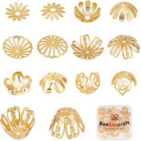 Beebeecraft 70Pcs 7 Styles Flower Bead End Caps Real 18K Gold Plated Brass Jewelry Bead Caps Stoppers Textured Spacer Loose End Caps for Jewelry Making Necklace Bracelet Earring Supplies DIY Crafts