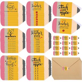 Spakon 24 Sets Teacher Appreciation Gift Bulk Teacher Thank You Cards with Envelope and Sticker Pencil Shape Card Inspirational Quotes Thank You Note End of The Year Gift, 6 Styles