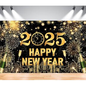 XTRALARGE Happy New Year Banner 2025 - 72 × 44 بوصة خلفية النسيج لزخرفة حفلة رأس السنة الجديدة ، مستلزمات الخلفية (Goldenblack)