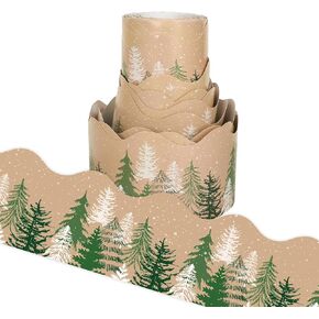 65.6 Ft Winter Christmas Tree Bulletin Board Border Kraft Color Watercolor Forest Die Cut Trim Border Roll for Xmas Office Classroom Chalkboard Wall Decor