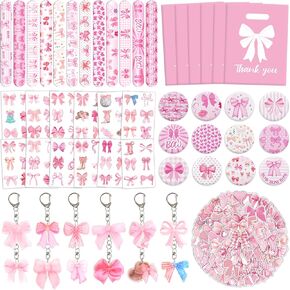 110pcs Coquette Party Party For For Girls ، Feah Boy Party Favors مع ملصقات الوشم المؤقتة أسناع المفاتيح أكياس هدايا Slap Slap ، مستلزمات عيد ميلاد Bow Coquette لـ Girly Girl