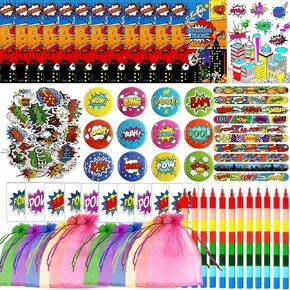 130 PCS Hero Party Favors with Bulk Comic Book Badge Slap Bracelets Tattoo Sticker Crayons Gift Bag hero Stickers for Candy Gift Bag for Birthday Party