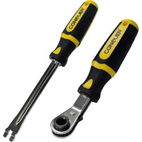 2-Piece Automatic Slack Adjuster Release Tool and Wrench – Fork End Release Tool and Double Square Ratcheting Wrench for Air Brake System Adjustments – Carbon Steel Construction