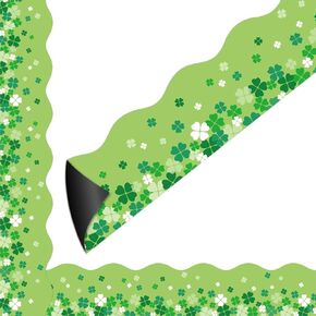 Whaline 24Pcs St. Patrick's Day Shamrock Classroom Bulletin Board Border Spring White Green Magnetic Border Sticker Lucky Clover Border Trims for School Office Party Decor,11.8 x 2 Inch
