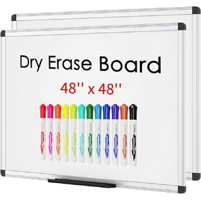 VIZ-PRO Magnetic Whiteboard/Dry Erase Board, 48 X 48 Inches, 2 Pack, Silver Aluminium Frame, with 12 Colored Whiteboard Pens
