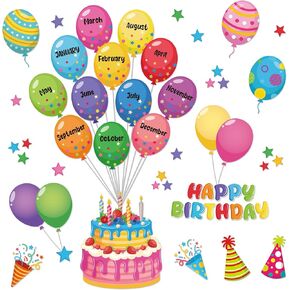 Balloon Happy Birthday Bulletin Board Set for Classroom Decorations Balloons Birthday Bulletin Board Colorful Birthday Cake Hats Stars Cut Out for Back School Wall Birthday Chart Calendar
