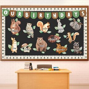 68Pcs Birthday Bulletin Board Set Woodland Animals Classroom Decoration Birthday Cutouts Woodland Animal Calendars Bulletin Board for Wall Preschool Decor Back to School Teacher Supplies
