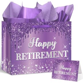 Innovoscape Happy Retirement Gift Bag for Women Large Pink Rose Gold Retirement Gift Bag with Wrapping Paper and Card for Women Going Away Farewell Retired Decorations Party Supplies