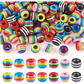 PANDAHALL 105PCS RAINBOW Stripe European Hole Beads 11x10.5mm برميل راتنجات الراتنج شريحة شريحة سحر الفواصل الرائحة لأساور سلسلة الأفعى Macrame تجويف اللوازم (الثقب: 6 مم)