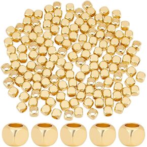 PH Pandahall 150pcs 18K حبات الذهب 5 ملم مكعب الفواصل حبات المكعبات المكعبات المعدنية حبات فضفاضة لديلي صيف هاواي سوار قلادة قابلة للتكديس صنع المجوهرات