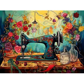 5D Diamond Art Painting Kits by Number for Adults Colorful Sewing Machine Diamond Art Full Round Drill Crystal Rhinestone Embroidery Cross Stitch Craft Kits for Home Wall Decor Gifts 12 x 16 inch