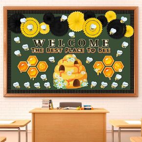 Qilery 68 PCS BEE BULLETIN SET ALT أفضل مكان لتزيين BEE Bulletin Decoration BEE Honeycomb Bulletin Paper Paper Dostrame Decoration للعودة إلى المواد التعليمية للمدرسة