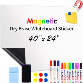 Magnetic Dry Erase Whiteboard Sticker, 40" x 24" Self Adhesive Whiteboard for Wall, Easy to Write and Clean Dry Erase Board for Kids, Office, Home, with Marker, Magnetic Eraser and Magnets