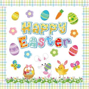 Whaline 64Pcs Easter Bulletin Board Decoration Floral Plaid Bulletin Board Stickers Happy Easter Egg Bunny Chick Flower Cutouts with Glue Point for Easter Party Supplies Classroom Home Wall Decor