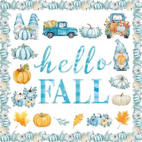 Faccito 70 Pcs Thanksgiving Bulletin Board Decorations Set Hello Fall Cutouts Blue Thanksgiving Bulletin Board Cutouts Watercolor Gnome Pumpkin Border for Home School Classroom Decor