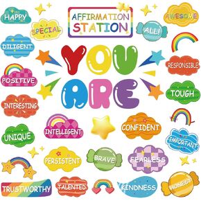 46 Pcs May Affirmation Station Bulletin Board Rainbow Motivational Posters for Classroom Autism Mental Health Posters Positive Affirmations Accents Cutouts for School Home Teacher Chart Wall Supplies