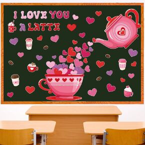 Epakh Valentines Bulletin Board Decorations Set Heart Paper Cutouts Pink Red Love Cardboard Cutouts I Love You a Latte Coffee Classroom Decorations for Door Chalkboard Wall School Party Supplies