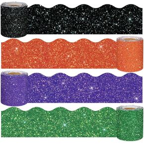 Whaline 131.2ft Halloween Bulletin Board Borders Glitter Green Purple Black Orange Die-Cut Bulletin Board Strips Colorful Rolled Bulletin Board Trim for School Classroom Office Chalkboard Decoration