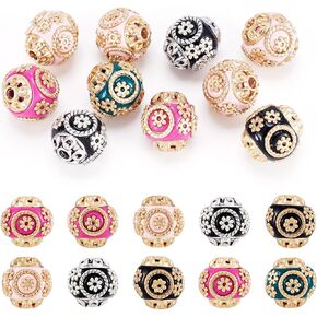 Pandahall 10pcs مصنوعة يدويًا إندونيسيا مستديرة مع نمط زهرة ونوى معدنية 15x14mm لون مختلط عشوائي