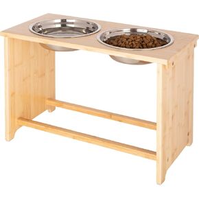 Elevated Dog Bowls - 15-Inch Tall Bamboo Raised Dog Bowl Stand with Nonslip Feet - Comes with Two 60oz Removable Dishwasher Safe Stainless Steel Pet Bowls - Puppy Essentials by PETMAKER