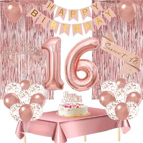 Sweet 16 Party Decorations ، 16th عيد ميلاد ديكورات للفتيات تشمل الستائر عيد ميلاد سعيد كعكة البالونات تاج العذاب