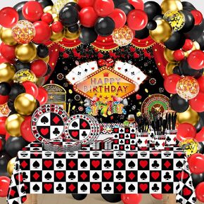 زخارف كازينو موضوع الحفلة 269 PCS Poker Plates Cups Cups Casino Banner Banner Banons Red Black Casino Party Supplies Service 24
