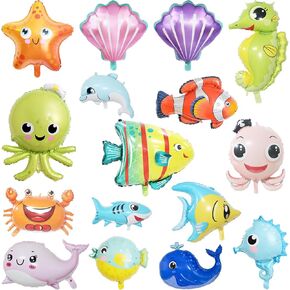16Pcs Under the Sea Party Decorations, KUAOOAUK Large Ocean Themed Party Decorations, Starfish Seahorse Shark Crab Foil Balloons, Sea Animal Balloons for Kids Baby Shower Birthday Party