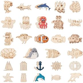 KISSITTY 300pcs Sea Animal Wooden Ornaments Unfinished Ocean Theme Wood Scrapbooking Embellishments Starfish Shell Lobster Wood Slices for Classroom Home Party DIY Activity Arts Crafts Decorations