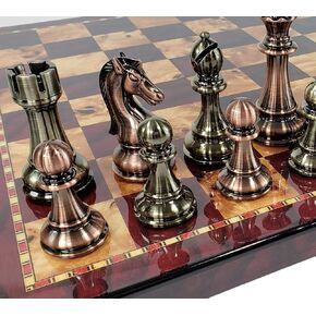 كبير 4 3/8 بوصة King Copper & Gold Finish Set Staunton Chess Set 18 Inch Cherry Board