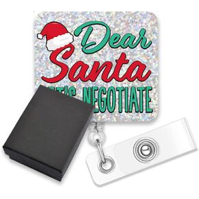 Agmdesign عزيزي Santa دعنا نتفاوض على بكرة شارة بريق مضحك ، قبعة عيد الميلاد لطيف محونة معرف ممرضة حامل شارة ، هدية شارة عيد الميلاد مضحكة للممرضات أطباء العمال