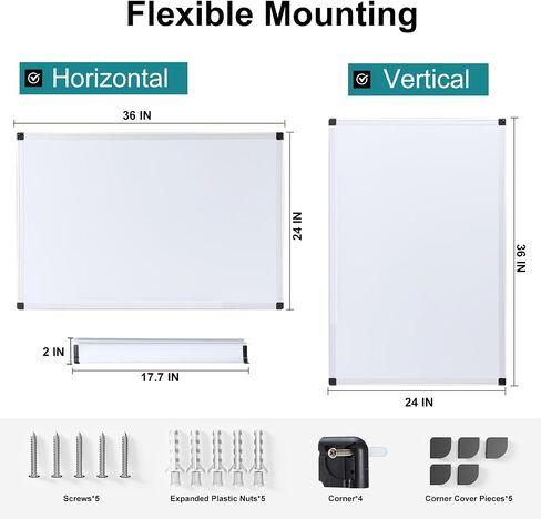 OLIXIS Magnetic White Board, Dry Erase Board for Wall 36" x 24", Hanging Mounted Whiteboard with 1 Dry Eraser & 2 Multicolor Markers & 4 Magnetic Pins, Silver Aluminium Frame for Home, School, Office in Saudi Arabia