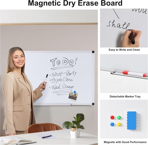 OLIXIS Magnetic White Board, Dry Erase Board for Wall 36" x 24", Hanging Mounted Whiteboard with 1 Dry Eraser & 2 Multicolor Markers & 4 Magnetic Pins, Silver Aluminium Frame for Home, School, Office in Saudi Arabia