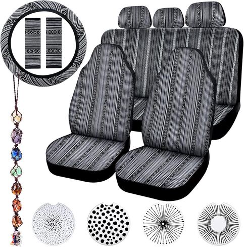 14 قطعة من أغطية مقاعد السيارة باجا، مجموعة كاملة متعددة الألوان، بطانية سرج زرقاء، أغطية مقاعد سيارة بوهو مخططة، غطاء عجلة القيادة، وسادات حزام الأمان، غطاء كريستالي معلق، زينة كأس مناسبة لسيارة سيدان فان in Kuwait