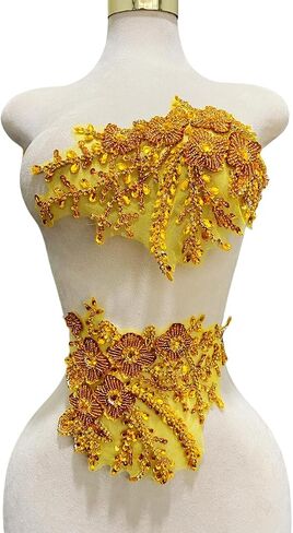 Pure Handmade Bodice lace Rhinestones Applique Sewing Stones Beads Crystal Trimming Patches Accessories for Weding Dress Decorations 1 Pair/Set 7.4X13.7inches (Silver) in Saudi Arabia