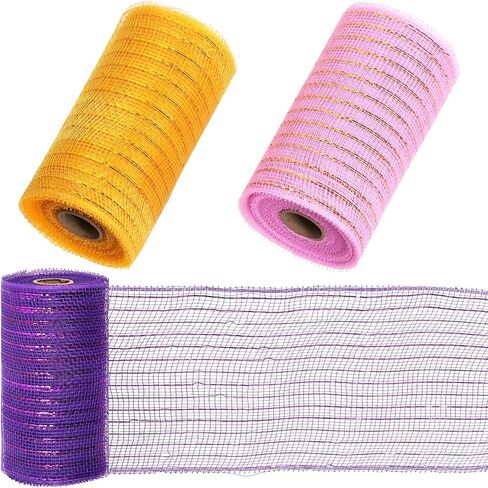 3 Rolls 5.9" x 30 Feet Poly Mesh Ribbon, Metallic Foil Mesh Ribbon Decor Mesh Rolls Metallic Wire Mesh Ribbon Decor Mesh Ribbon Roll for Wreaths Decoration(Pink, Gold, Purple) in Saudi Arabia