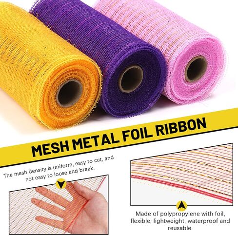 3 Rolls 5.9" x 30 Feet Poly Mesh Ribbon, Metallic Foil Mesh Ribbon Decor Mesh Rolls Metallic Wire Mesh Ribbon Decor Mesh Ribbon Roll for Wreaths Decoration(Pink, Gold, Purple) in Saudi Arabia